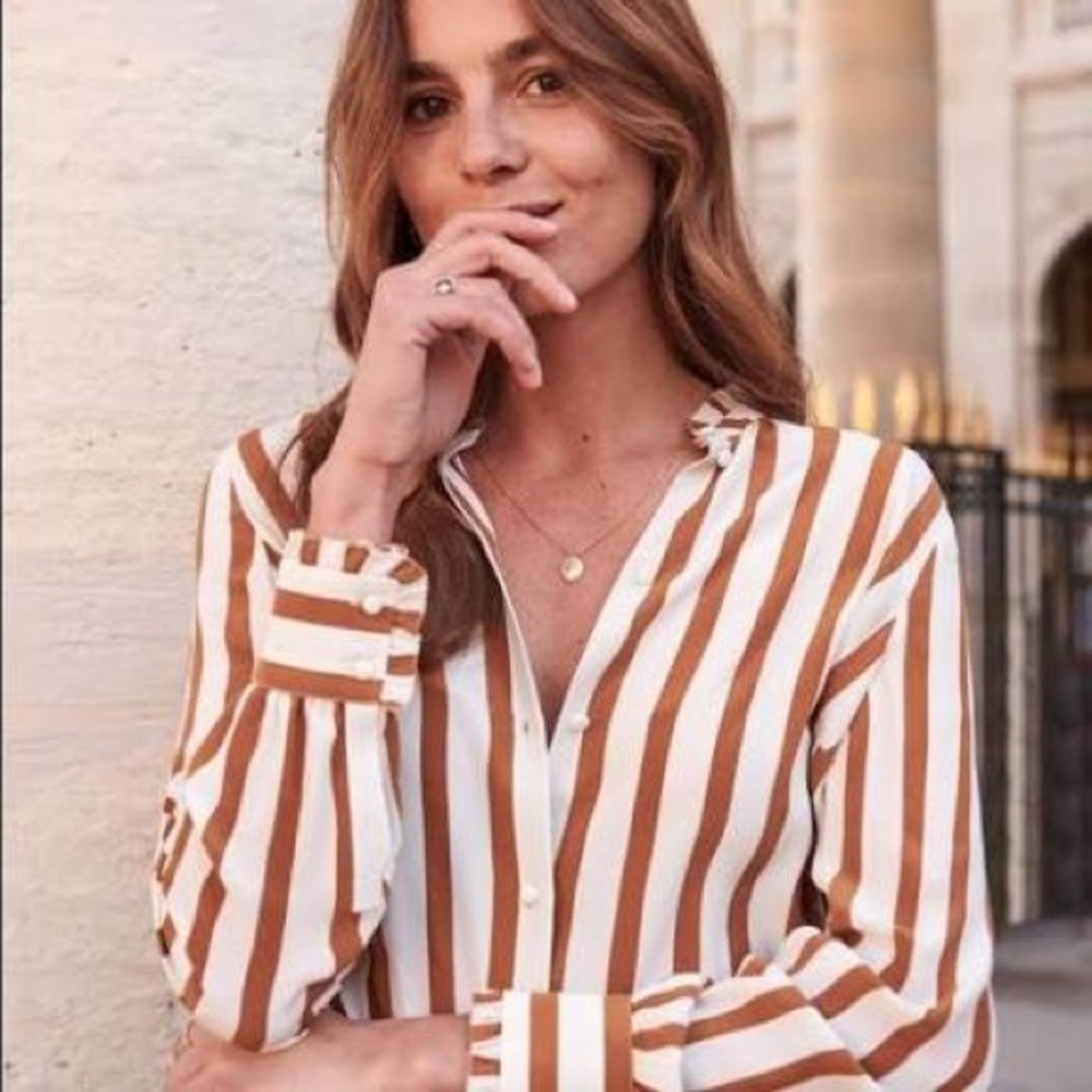 Sezane Cuzco Silk Blouse in Ecru Camel Stripe (34/XS)